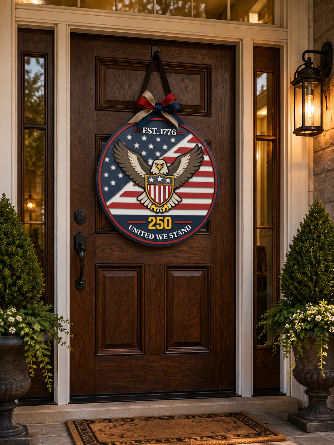 Patriotic eagle front door hanger with American flag design