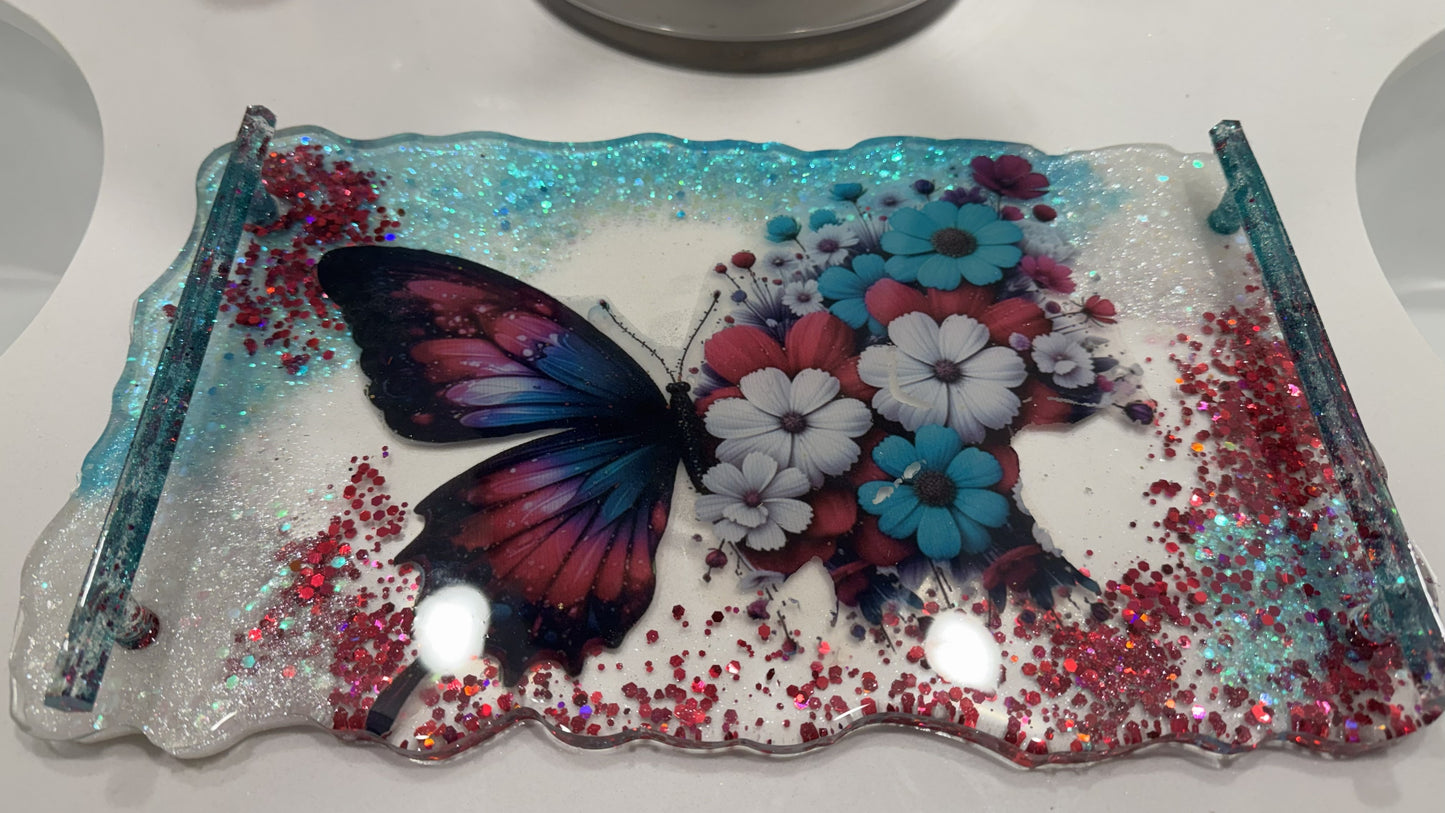 Butterfly Vanity Tray | Decorative Resin Vanity Tray for Bathroom or Desk | Sparkle Butterfly Tray